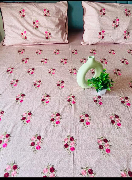 Antique Rosewood Pure Cotton Embroidery Floral Premium King Bed Sheet - Avyana Bedding Collection