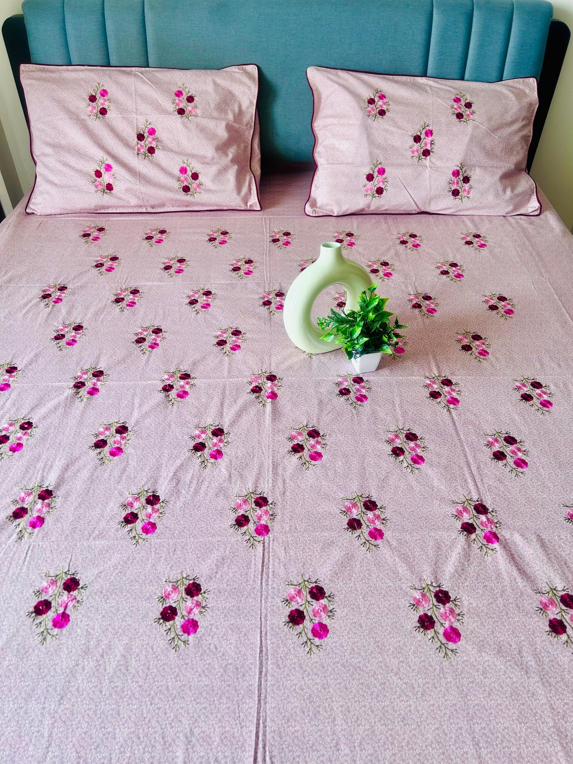Antique Rosewood Pure Cotton Embroidery Floral Premium King Bed Sheet - Avyana Bedding Collection