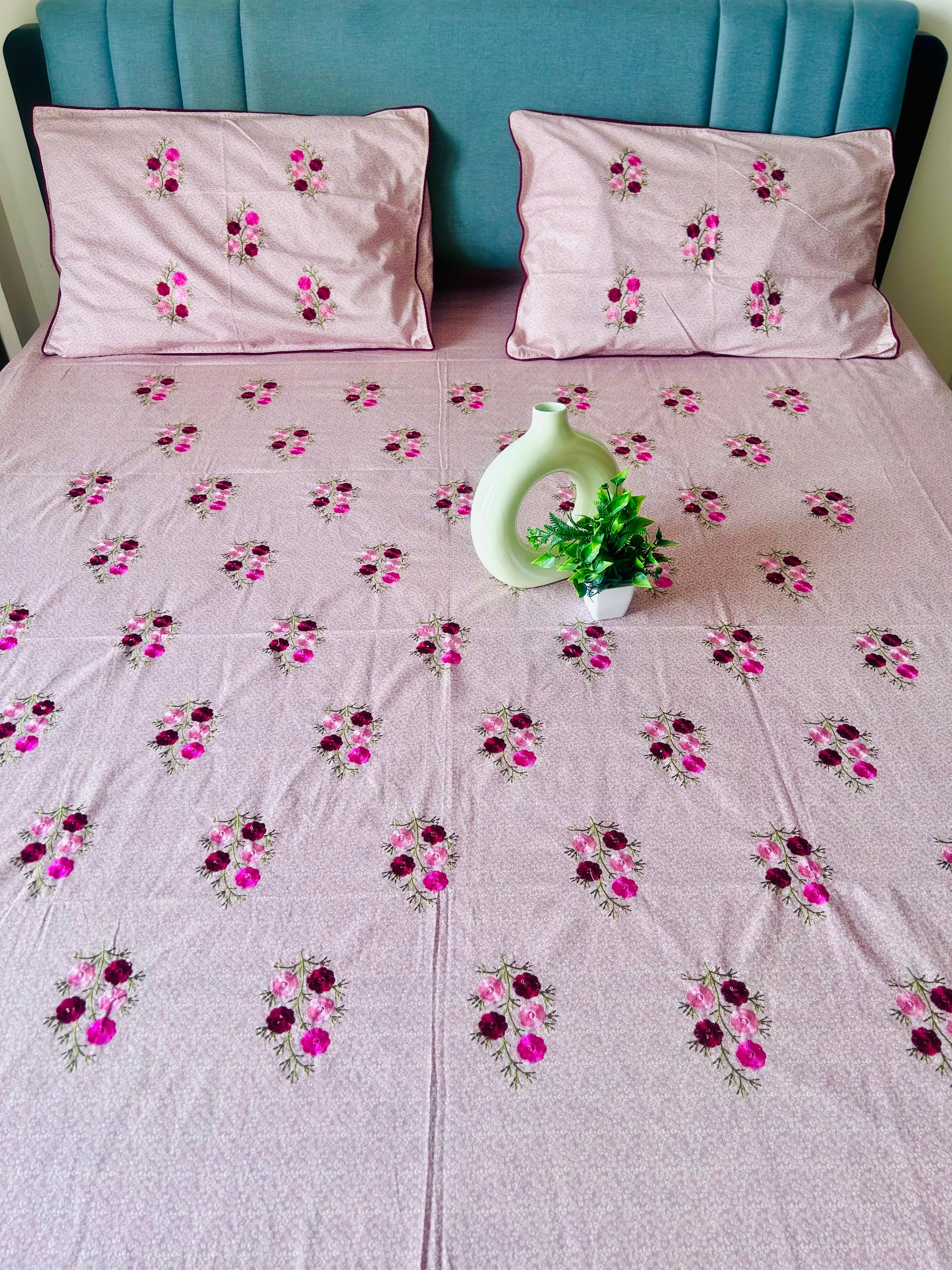 Antique Rosewood Pure Cotton Embroidery Floral Premium King Bed Sheet - Avyana Bedding Collection