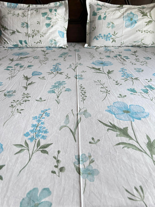Azure Bloom Floral Pure Cotton Bedsheet Set - Avyana Bedding Collection