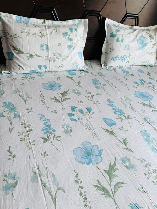 Azure Bloom Floral Pure Cotton Bedsheet Set - Avyana Bedding Collection