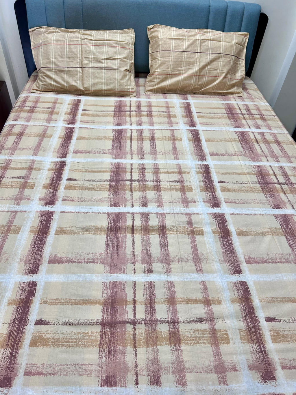 Biscuit Color Cotton Geometric Premium King Bed Sheet - Avyana Bedding Collection