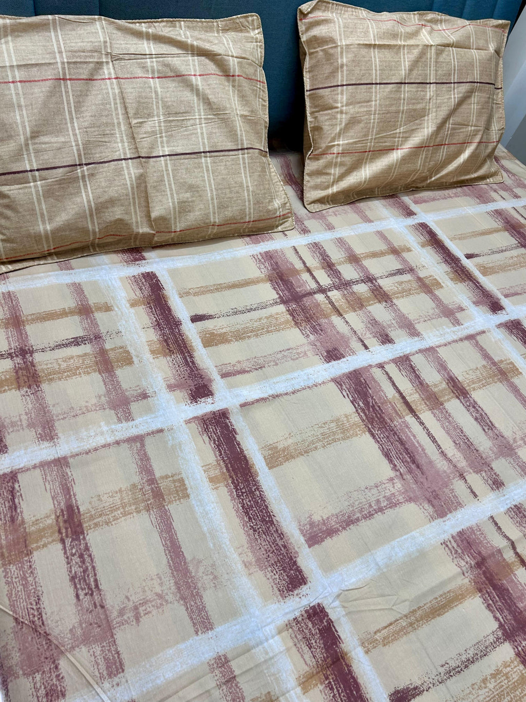 Biscuit Color Cotton Geometric Premium King Bed Sheet - Avyana Bedding Collection