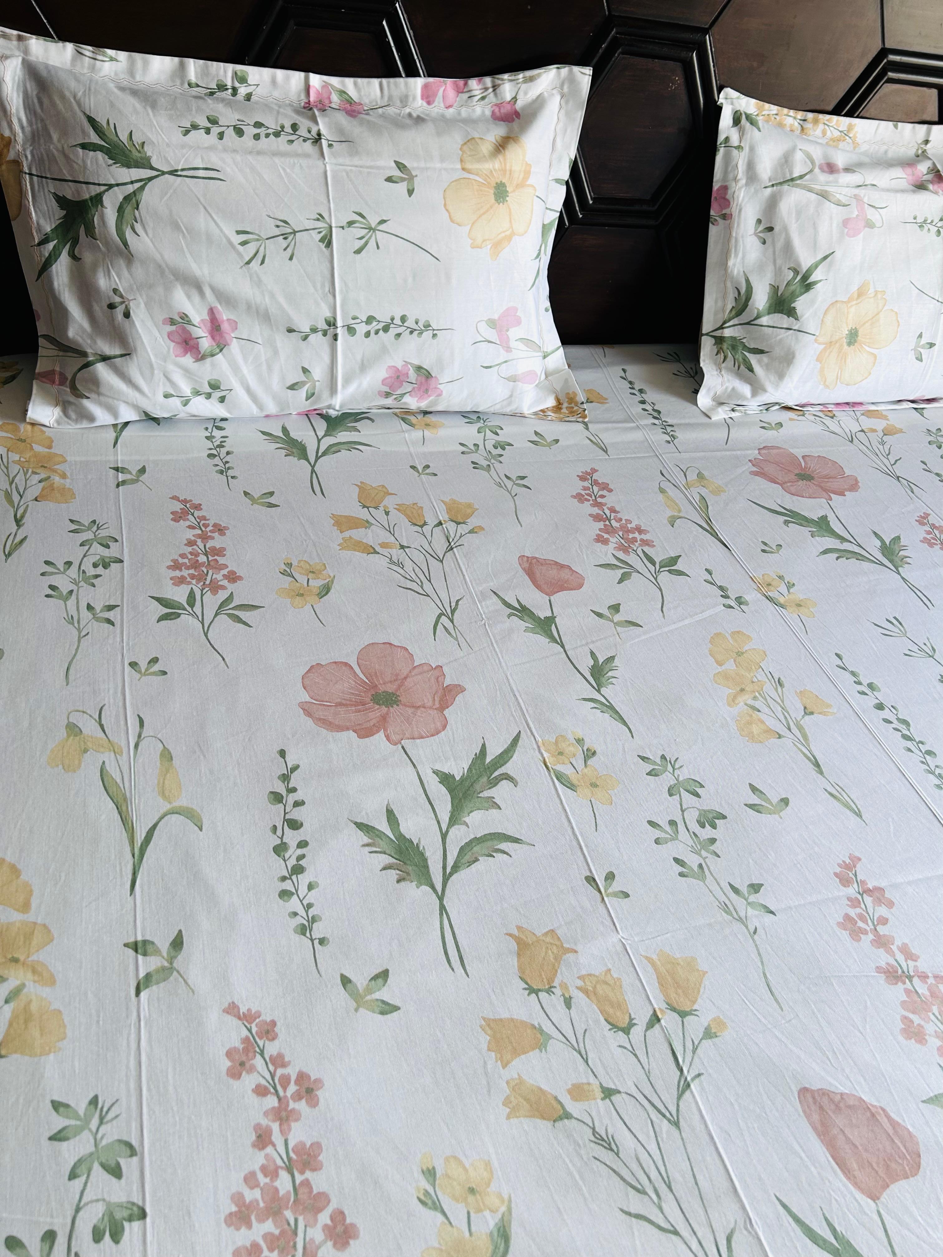 Blush Meadow Floral Pure Cotton Bedsheet Set - Avyana Bedding Collection