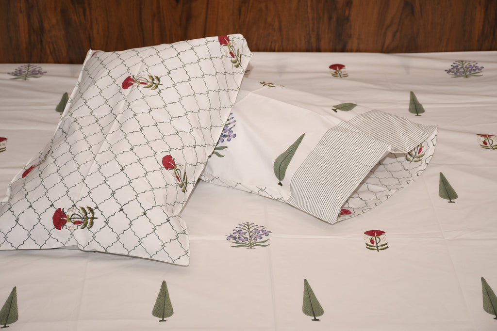 Botanic Breeze Handblock Bedsheet in Sage - Avyana Bedding Collection