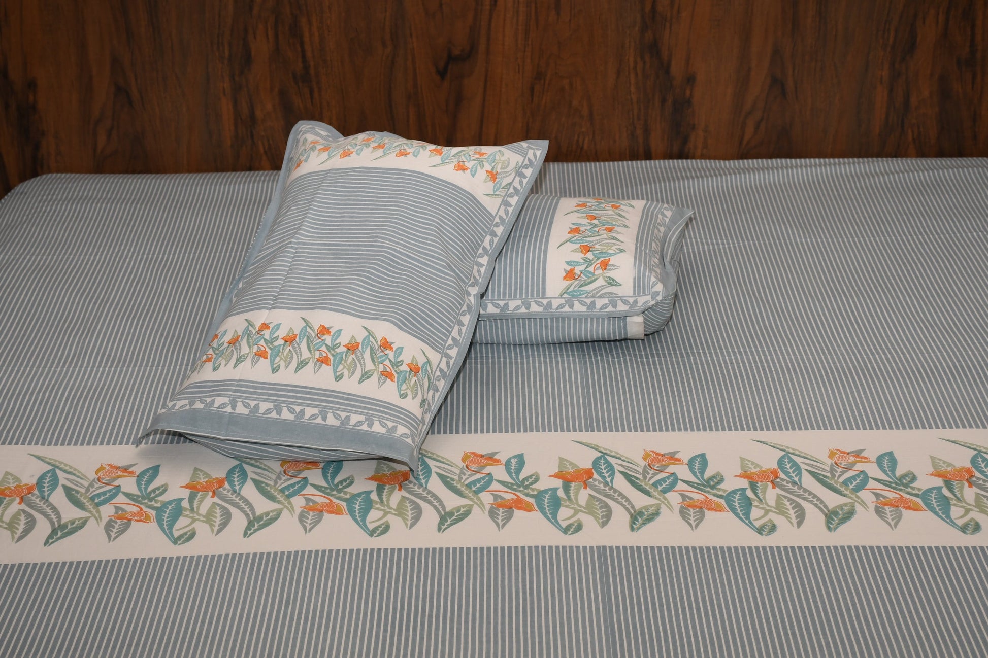 Botanical Breeze Cotton Bedsheet – Sage Blue Floral Stripes - Avyana Bedding Collection
