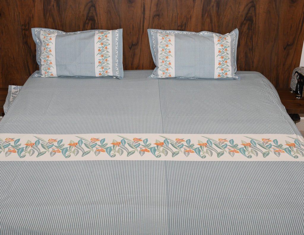 Botanical Breeze Cotton Bedsheet – Sage Blue Floral Stripes - Avyana Bedding Collection