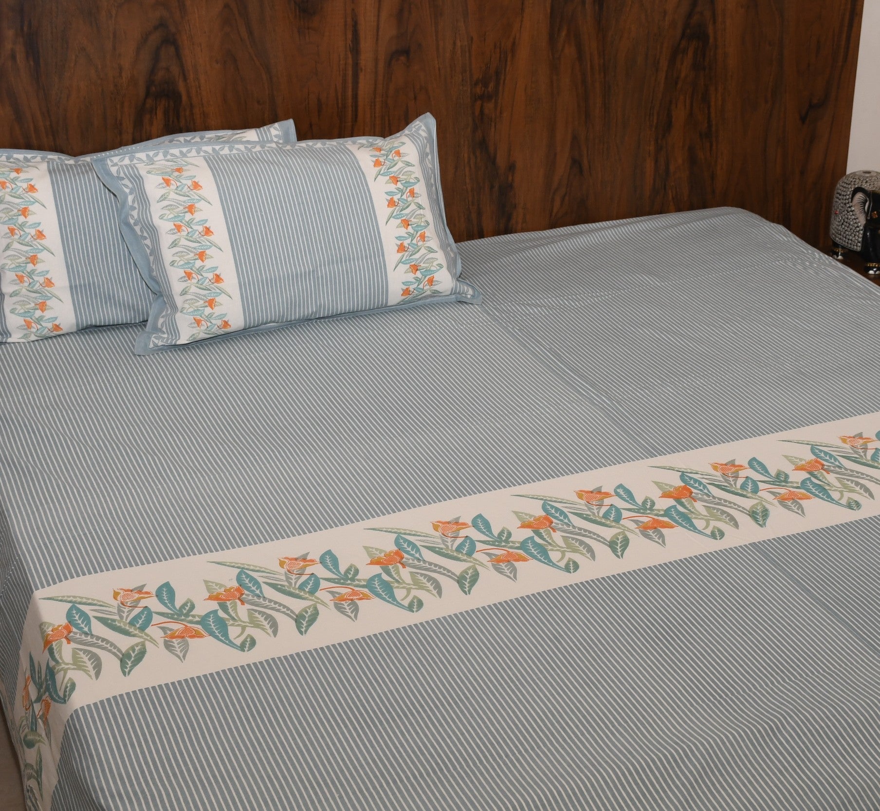 Botanical Breeze Cotton Bedsheet – Sage Blue Floral Stripes - Avyana Bedding Collection