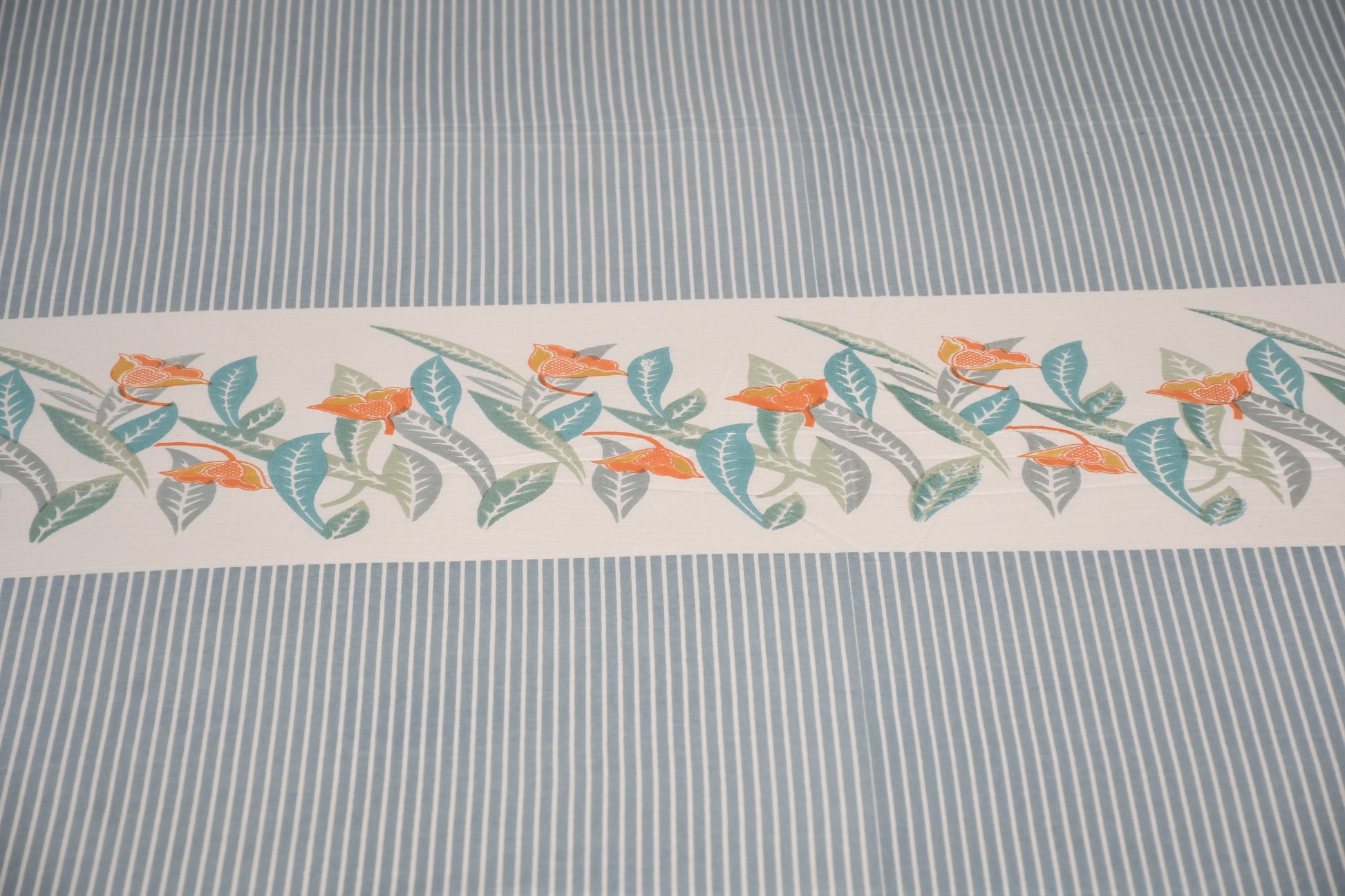 Botanical Breeze Cotton Bedsheet – Sage Blue Floral Stripes - Avyana Bedding Collection