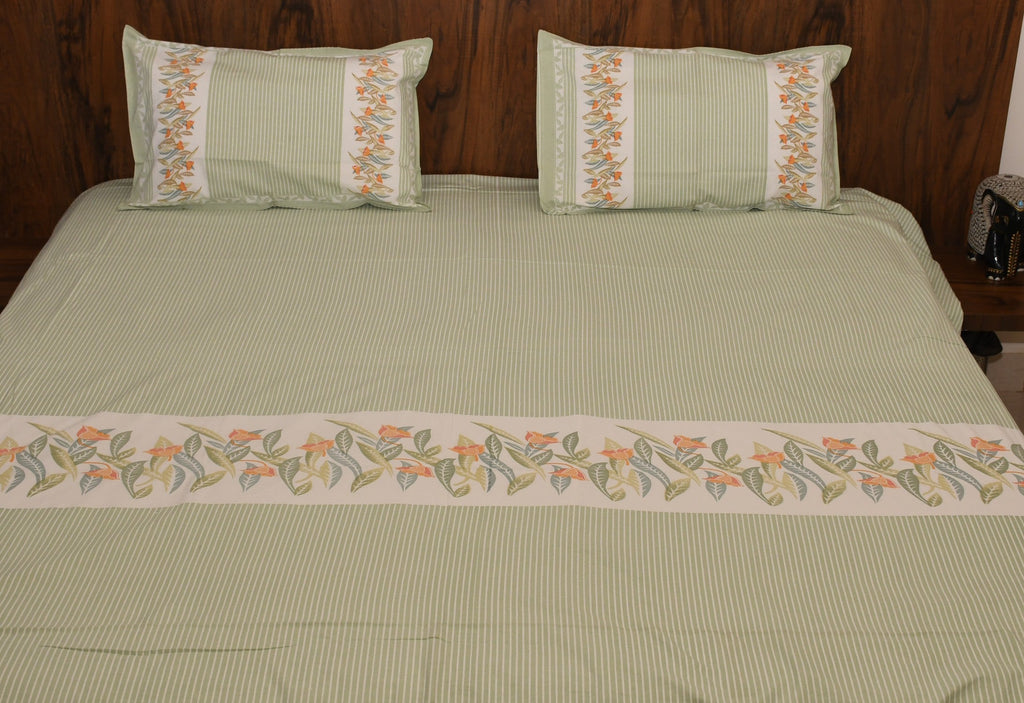 Botanical Breeze Cotton Bedsheet – Sage Green Floral Stripes - Avyana Bedding Collection