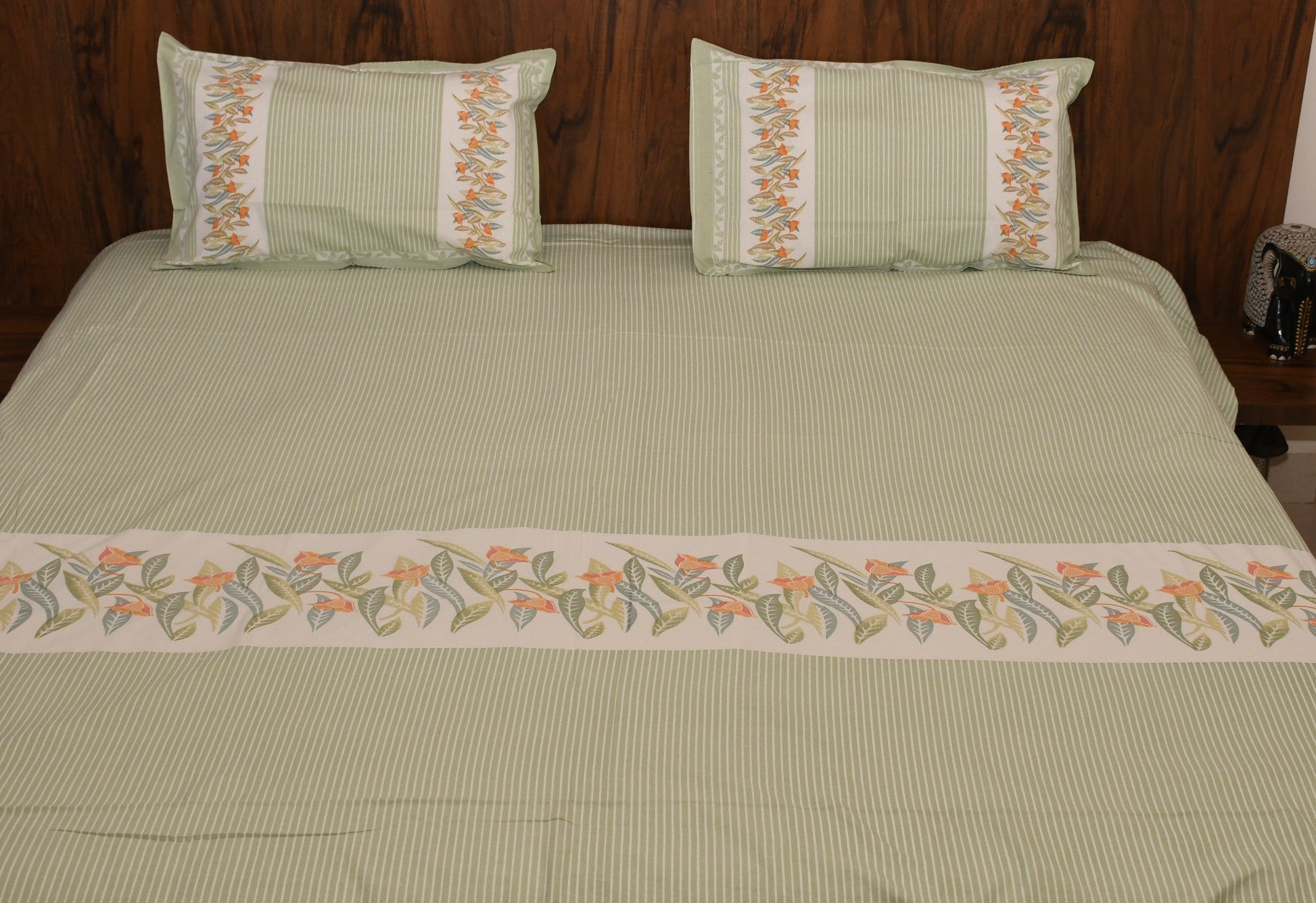 Botanical Breeze Cotton Bedsheet – Sage Green Floral Stripes - Avyana Bedding Collection