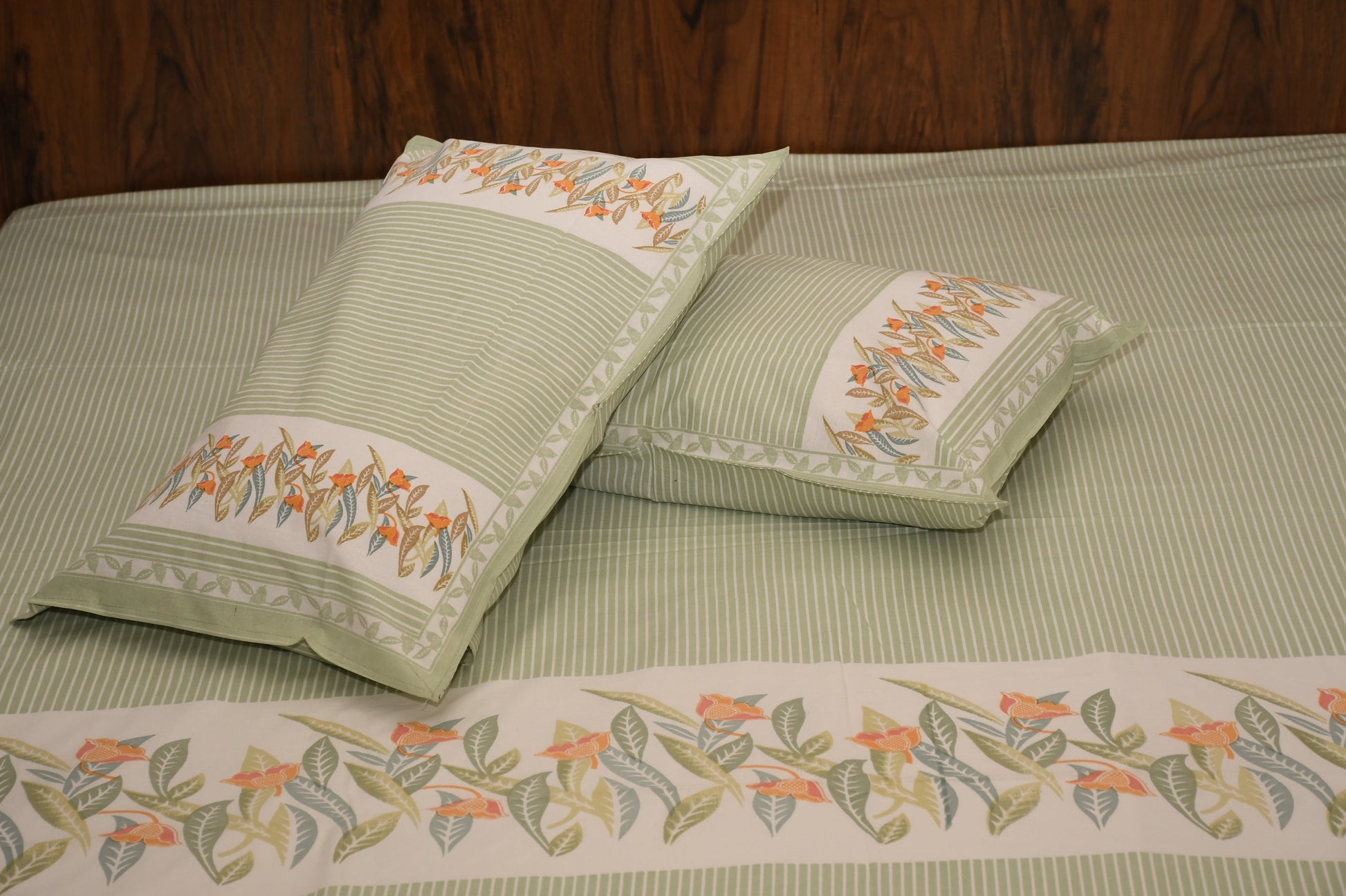 Botanical Breeze Cotton Bedsheet – Sage Green Floral Stripes - Avyana Bedding Collection