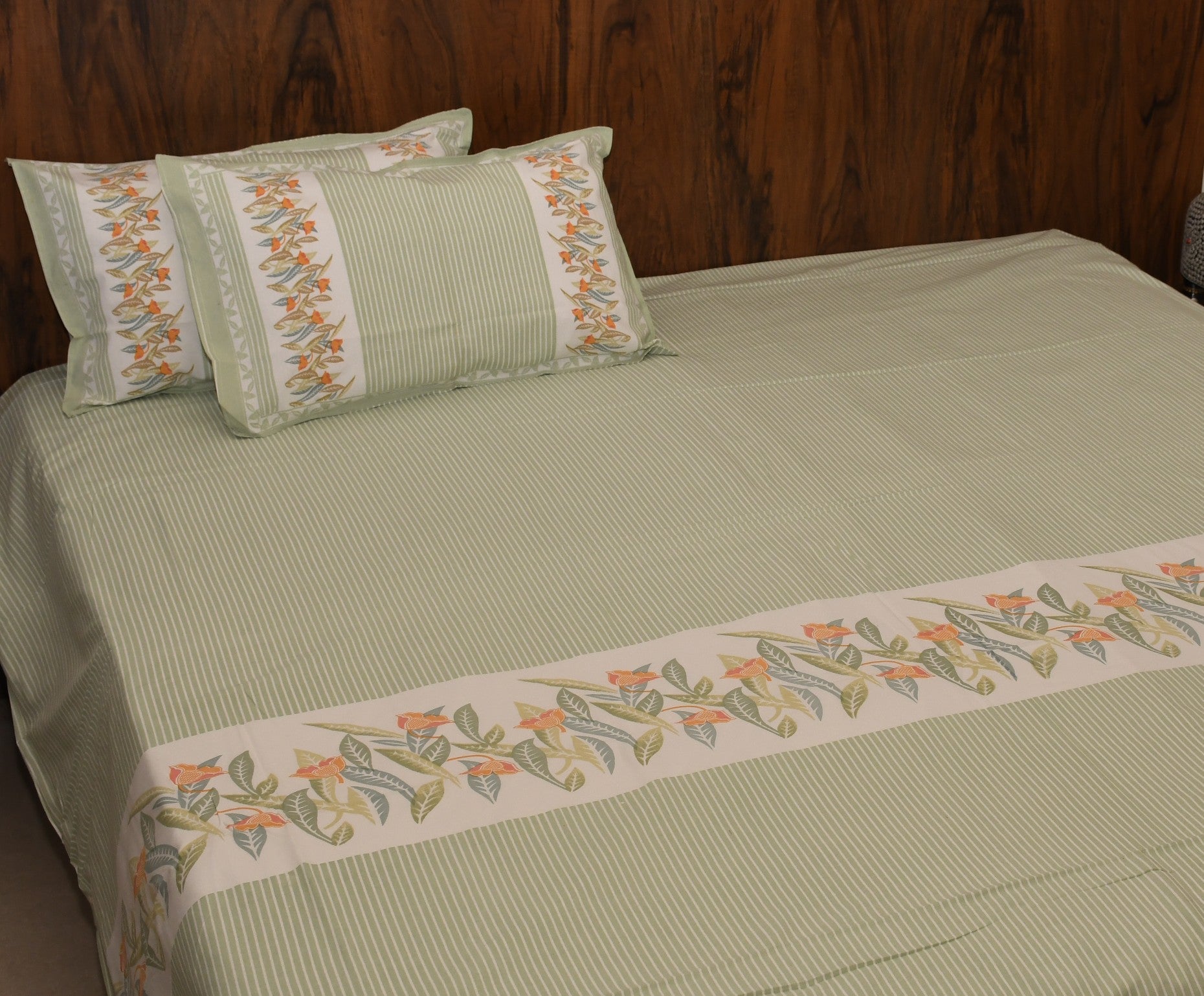 Botanical Breeze Cotton Bedsheet – Sage Green Floral Stripes - Avyana Bedding Collection