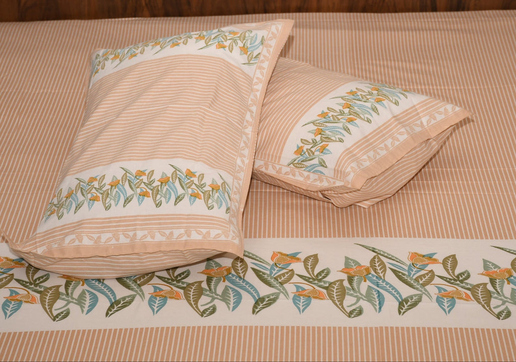 Botanical Breeze Cotton Bedsheet – Sage Peach Floral Stripes - Avyana Bedding Collection