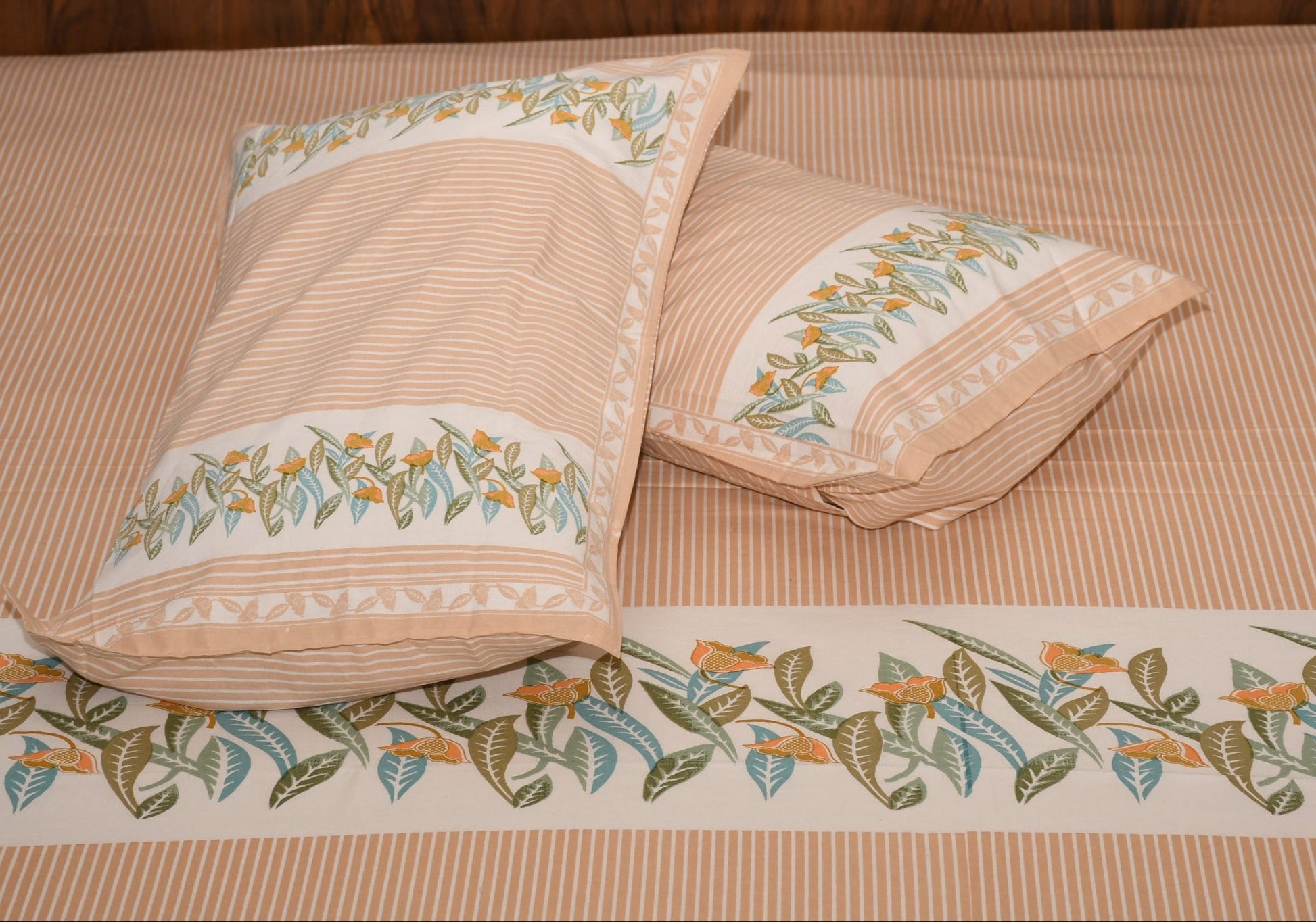 Botanical Breeze Cotton Bedsheet – Sage Peach Floral Stripes - Avyana Bedding Collection