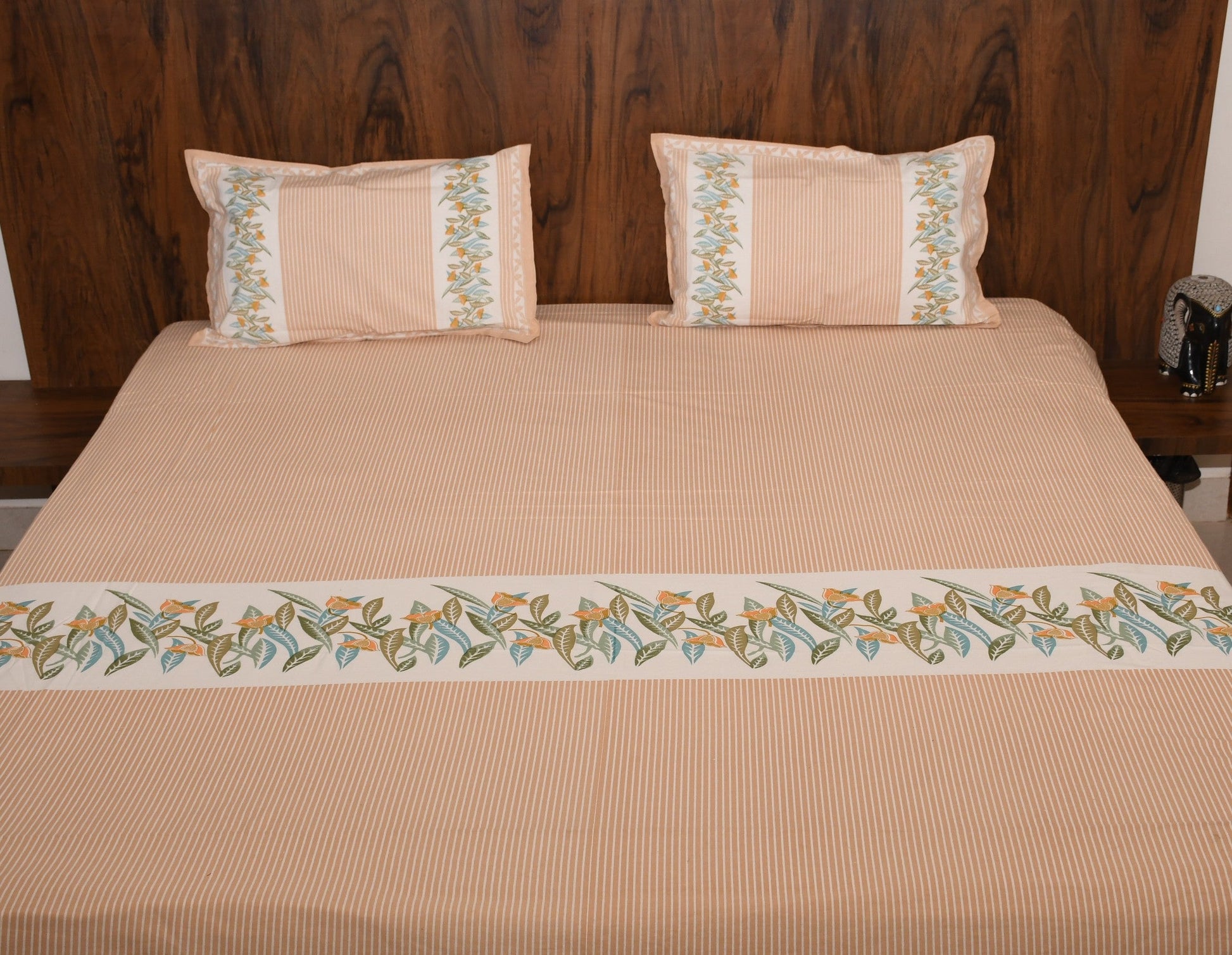 Botanical Breeze Cotton Bedsheet – Sage Peach Floral Stripes - Avyana Bedding Collection
