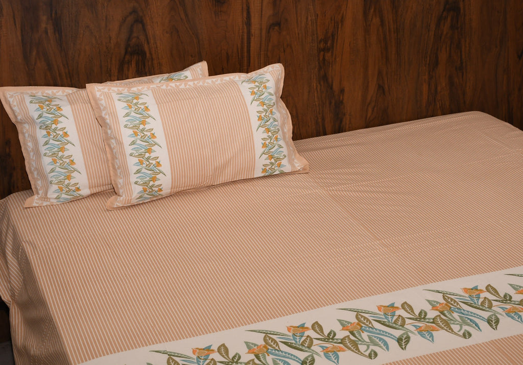 Botanical Breeze Cotton Bedsheet – Sage Peach Floral Stripes - Avyana Bedding Collection