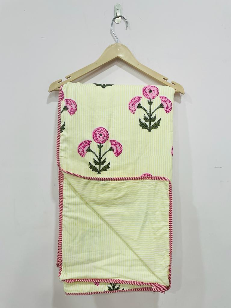 Cream Handblock Cotton Jaipuri Premium Double Bed Dohar - Avyana Bedding Collection