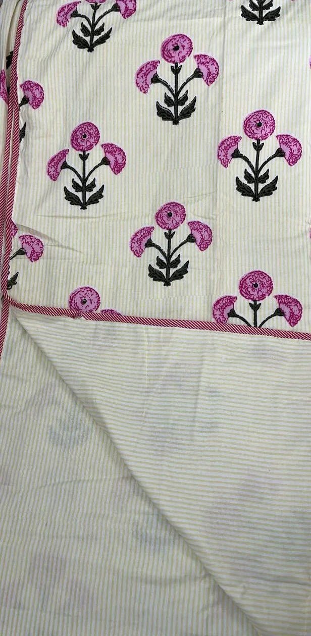 Cream Handblock Cotton Jaipuri Premium Double Bed Dohar - Avyana Bedding Collection