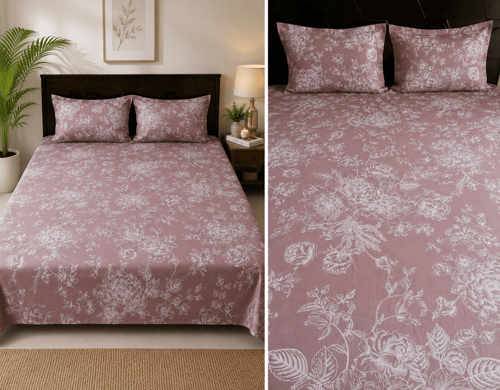 Dusty Rose Peony Garden Cotton Bedsheet Set - Avyana Bedding Collection