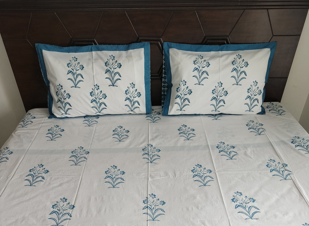 Elegant Blue Hand Block Floral Cotton Bedsheet Set - Avyana Bedding Collection