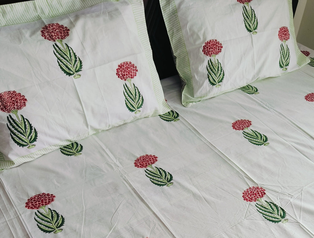 Elegant Cotton Bedsheet Set – Handblock Print in Red & Green for Double Bed - Avyana Bedding Collection