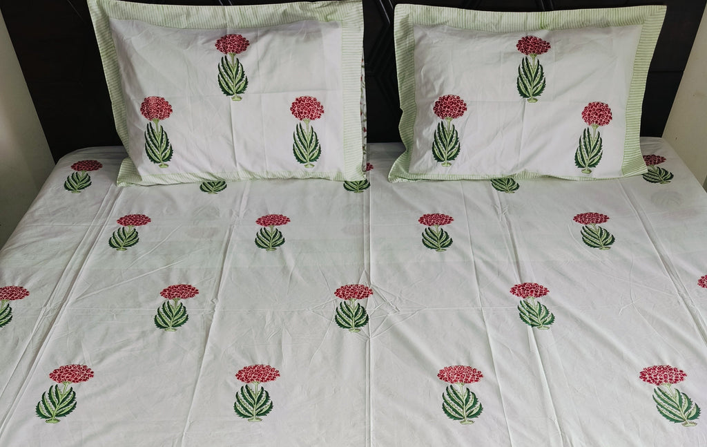 Elegant Cotton Bedsheet Set – Handblock Print in Red & Green for Double Bed - Avyana Bedding Collection