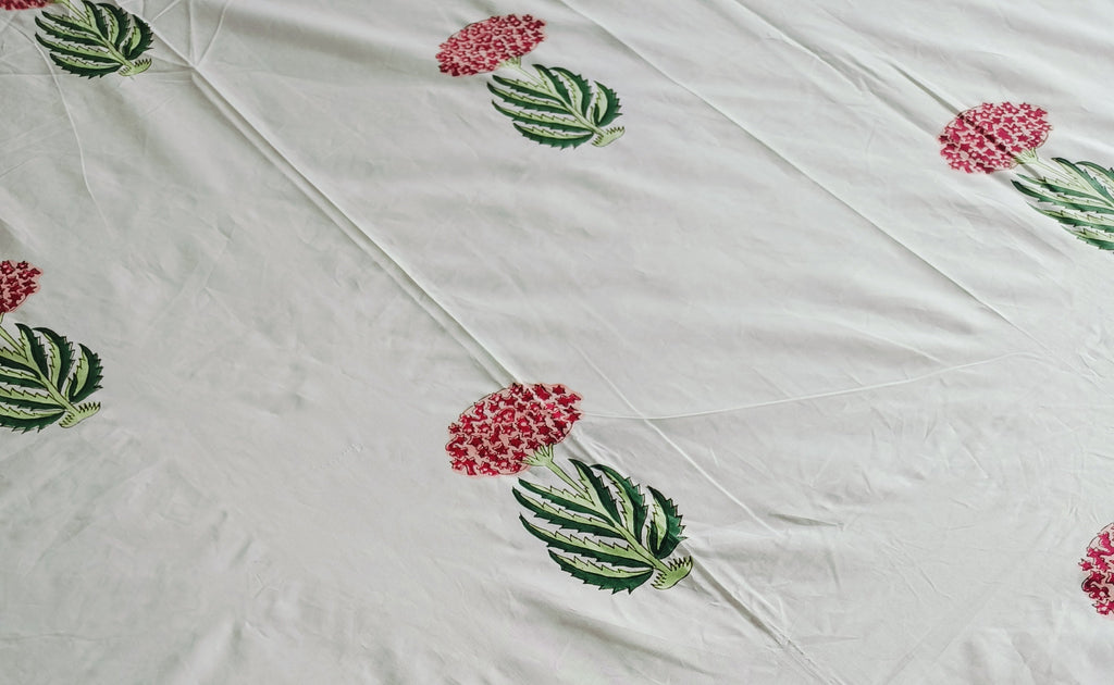 Elegant Cotton Bedsheet Set – Handblock Print in Red & Green for Double Bed - Avyana Bedding Collection