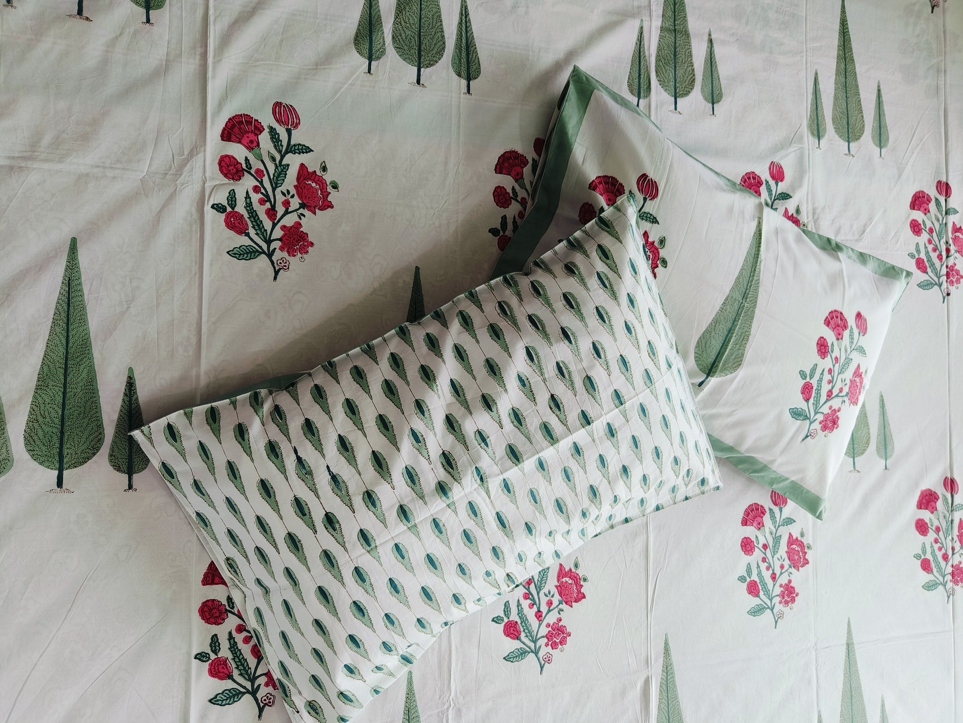 Enchanted Pines & Floral Bloom – Handblock Printed Premium Cotton Bedsheet - Avyana Bedding Collection