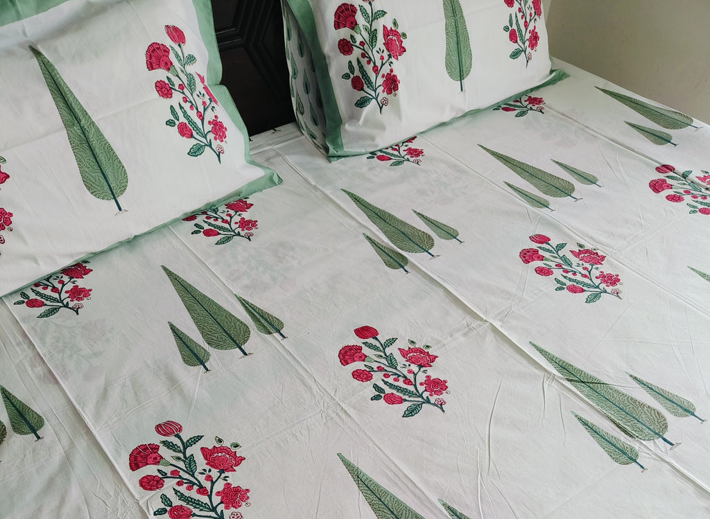 Enchanted Pines & Floral Bloom – Handblock Printed Premium Cotton Bedsheet - Avyana Bedding Collection