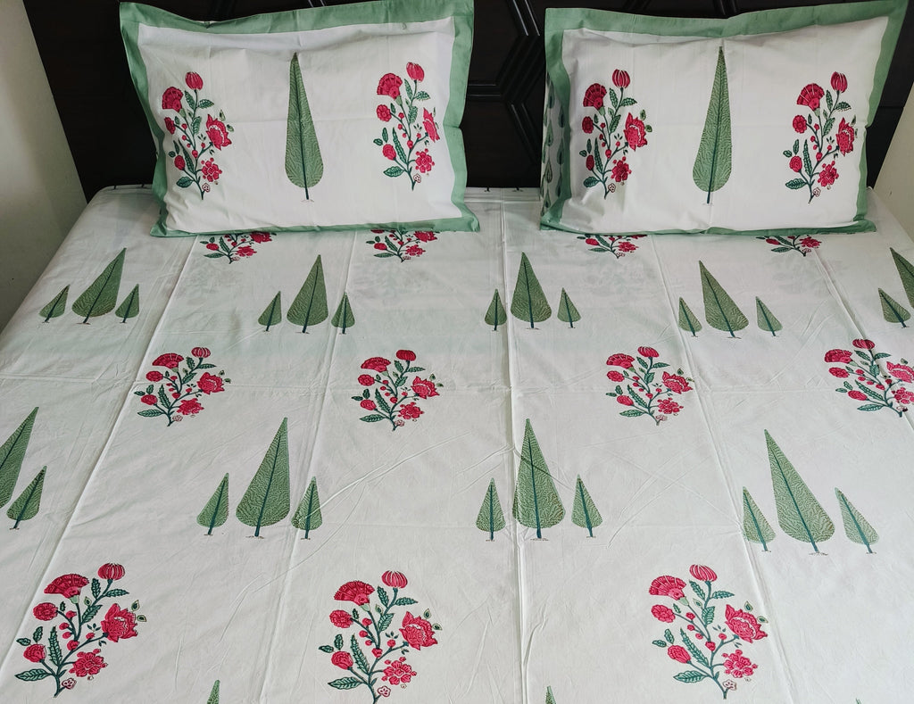 Enchanted Pines & Floral Bloom – Handblock Printed Premium Cotton Bedsheet - Avyana Bedding Collection