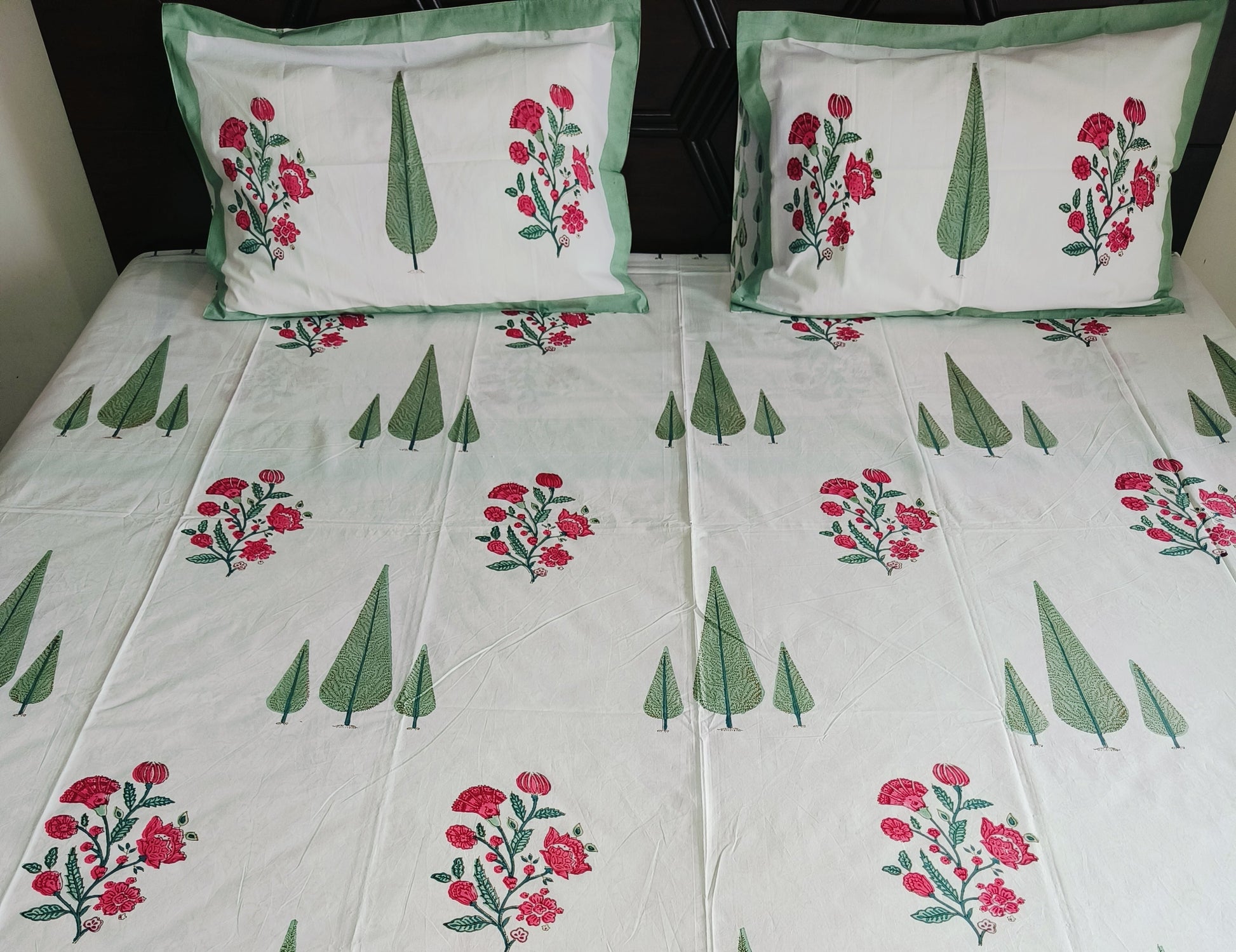 Enchanted Pines & Floral Bloom – Handblock Printed Premium Cotton Bedsheet - Avyana Bedding Collection