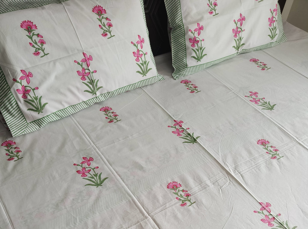 Exquisite Pink Floral Block Print Cotton Bedsheet Set - Avyana Bedding Collection