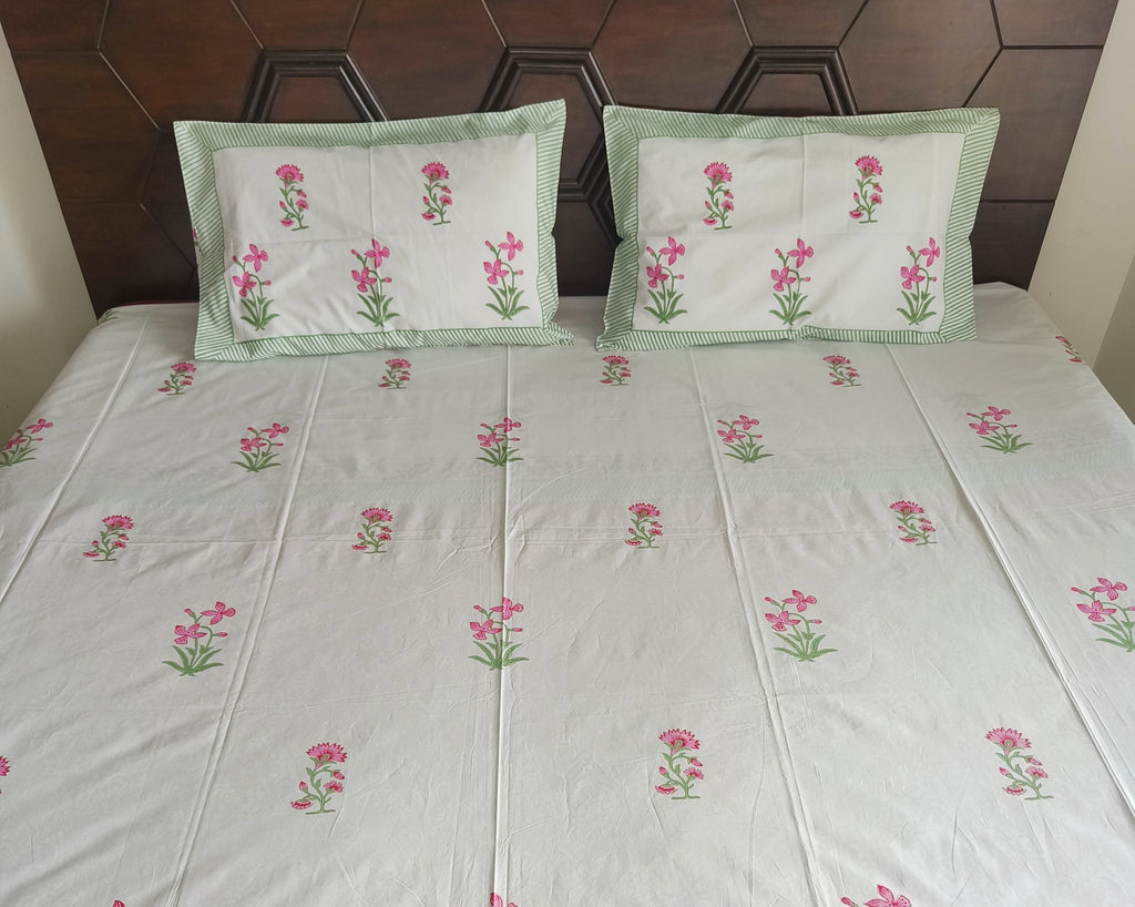 Exquisite Pink Floral Block Print Cotton Bedsheet Set - Avyana Bedding Collection