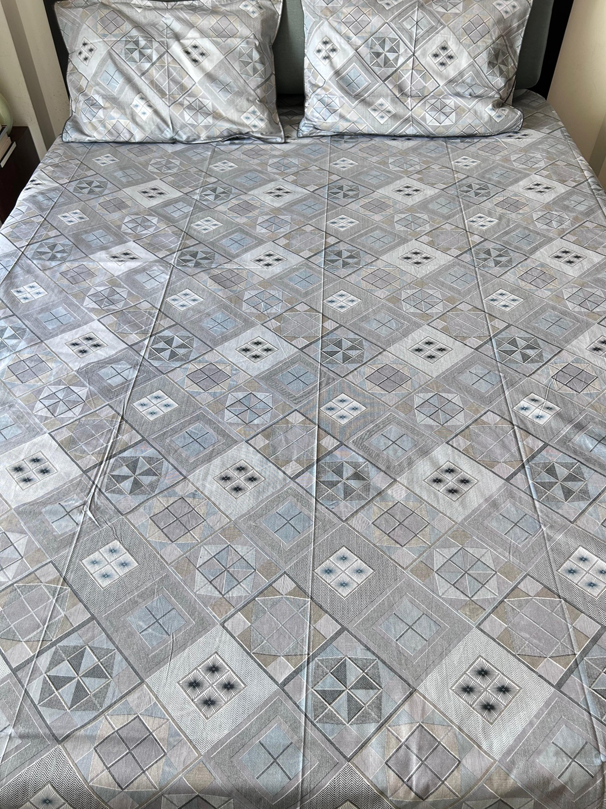 Grey Cotton Geometric Premium King Bed Sheet - Avyana Bedding Collection