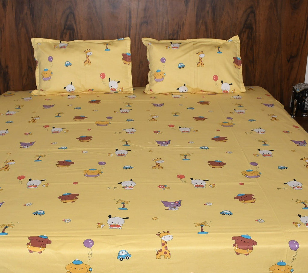 Jungle Safari Cotton Bedsheet – Yellow Kids Cartoon Print | Soft & Breathable - Avyana Bedding Collection