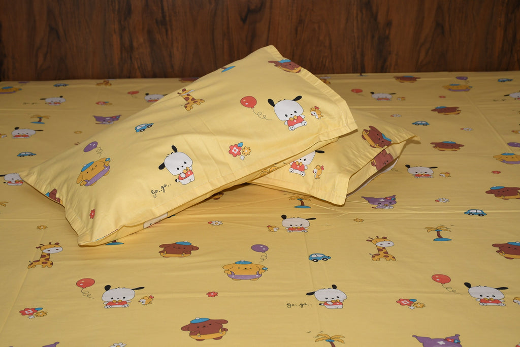 Jungle Safari Cotton Bedsheet – Yellow Kids Cartoon Print | Soft & Breathable - Avyana Bedding Collection