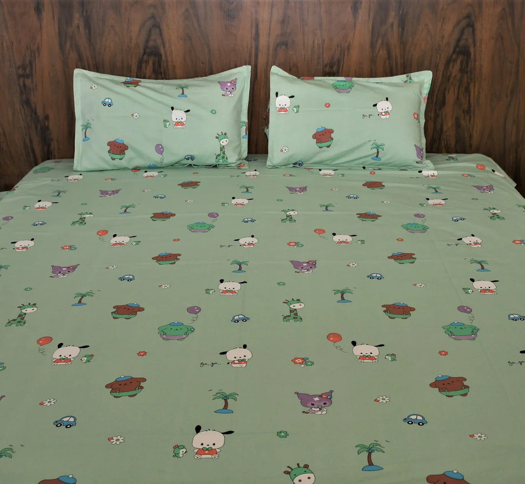 Jungle Safari Kids Bedsheet – Mint Green Cartoon Print | Pure Cotton - Avyana Bedding Collection