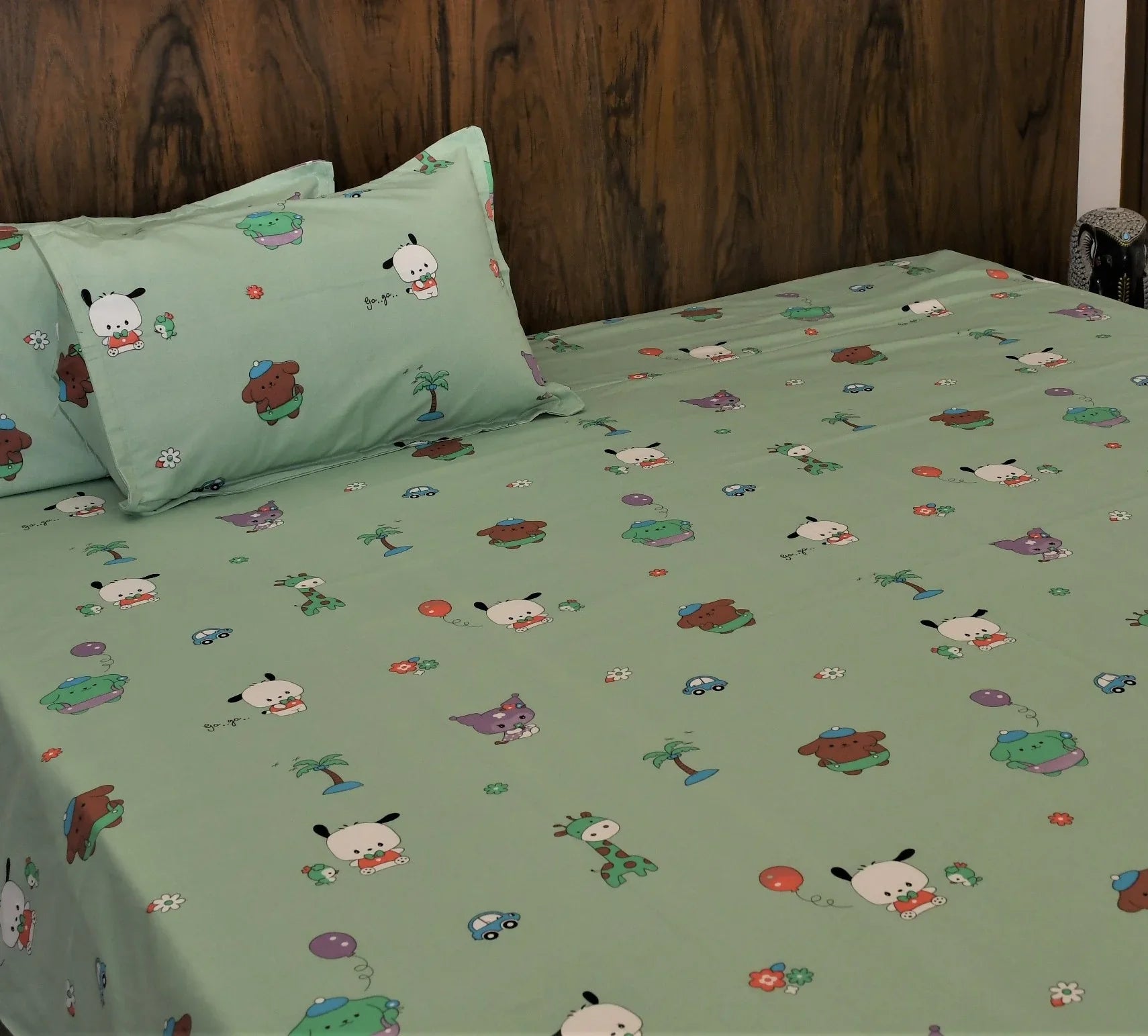 Jungle Safari Kids Bedsheet – Mint Green Cartoon Print | Pure Cotton - Avyana Bedding Collection