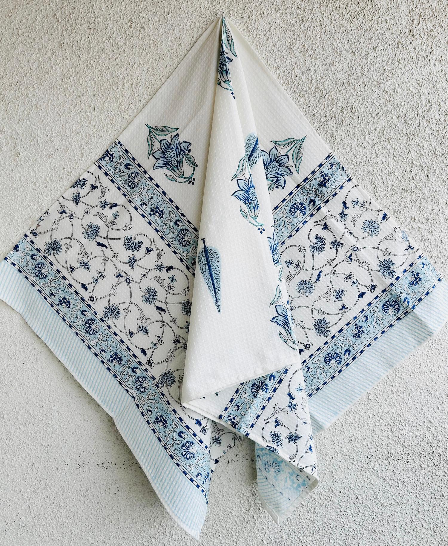 Kali Pure Cotton Towels - White and Blue - Avyana Bedding Collection