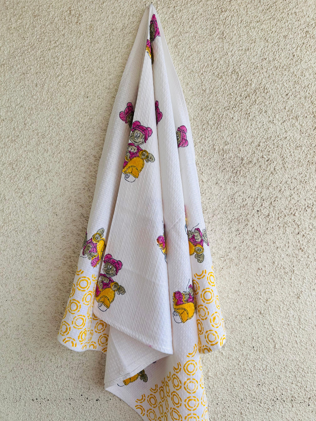 Kids Bear on Scooter Print Towel - White with Pink & Yellow - Avyana Bedding Collection