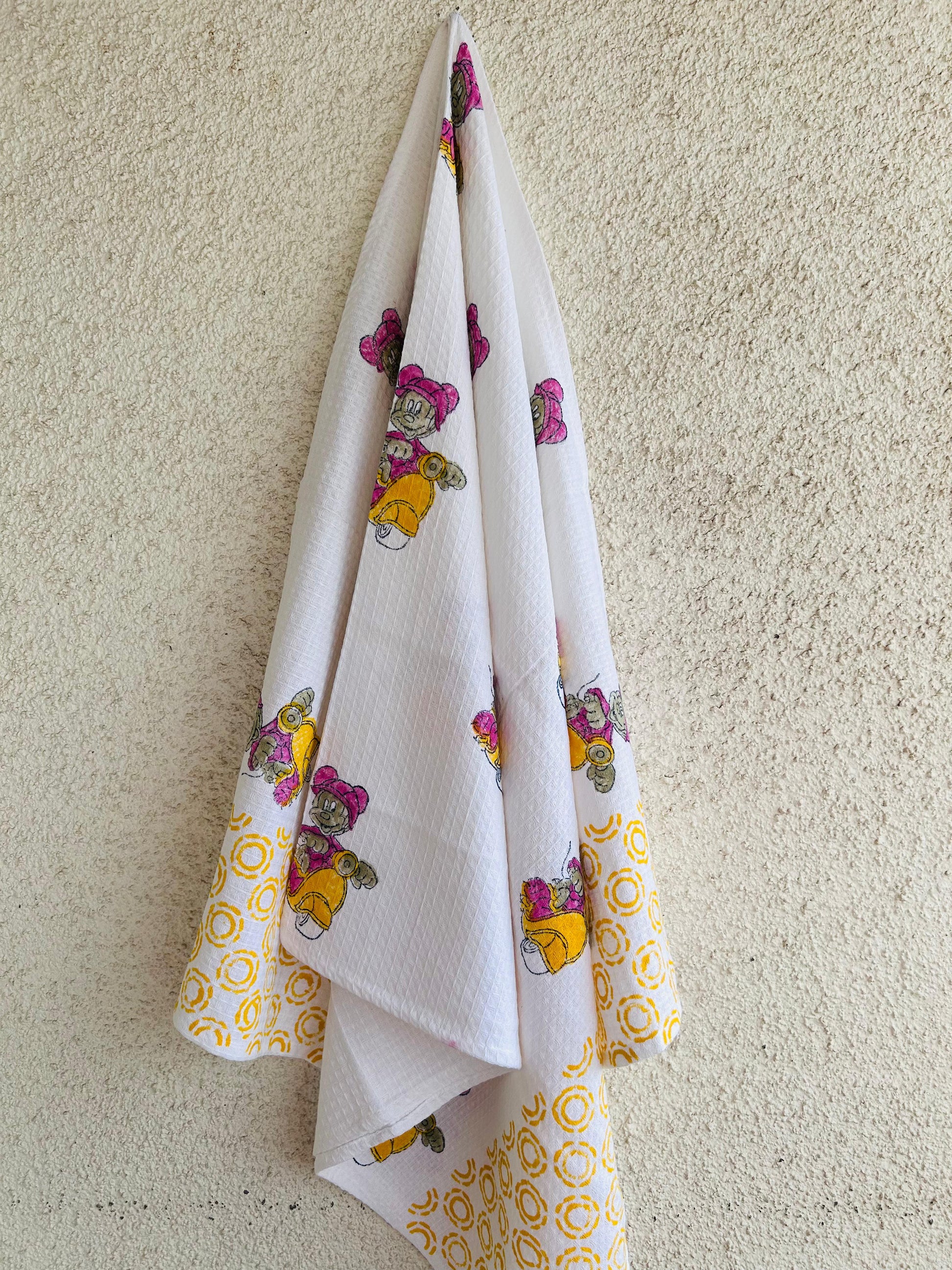 Kids Bear on Scooter Print Towel - White with Pink & Yellow - Avyana Bedding Collection