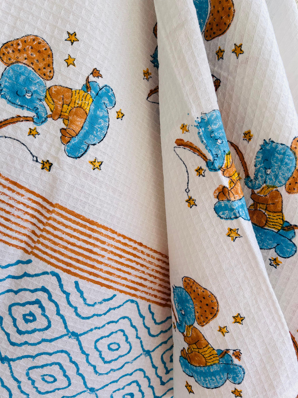 Kids Elephant Print Towel - White and Blue - Avyana Bedding Collection