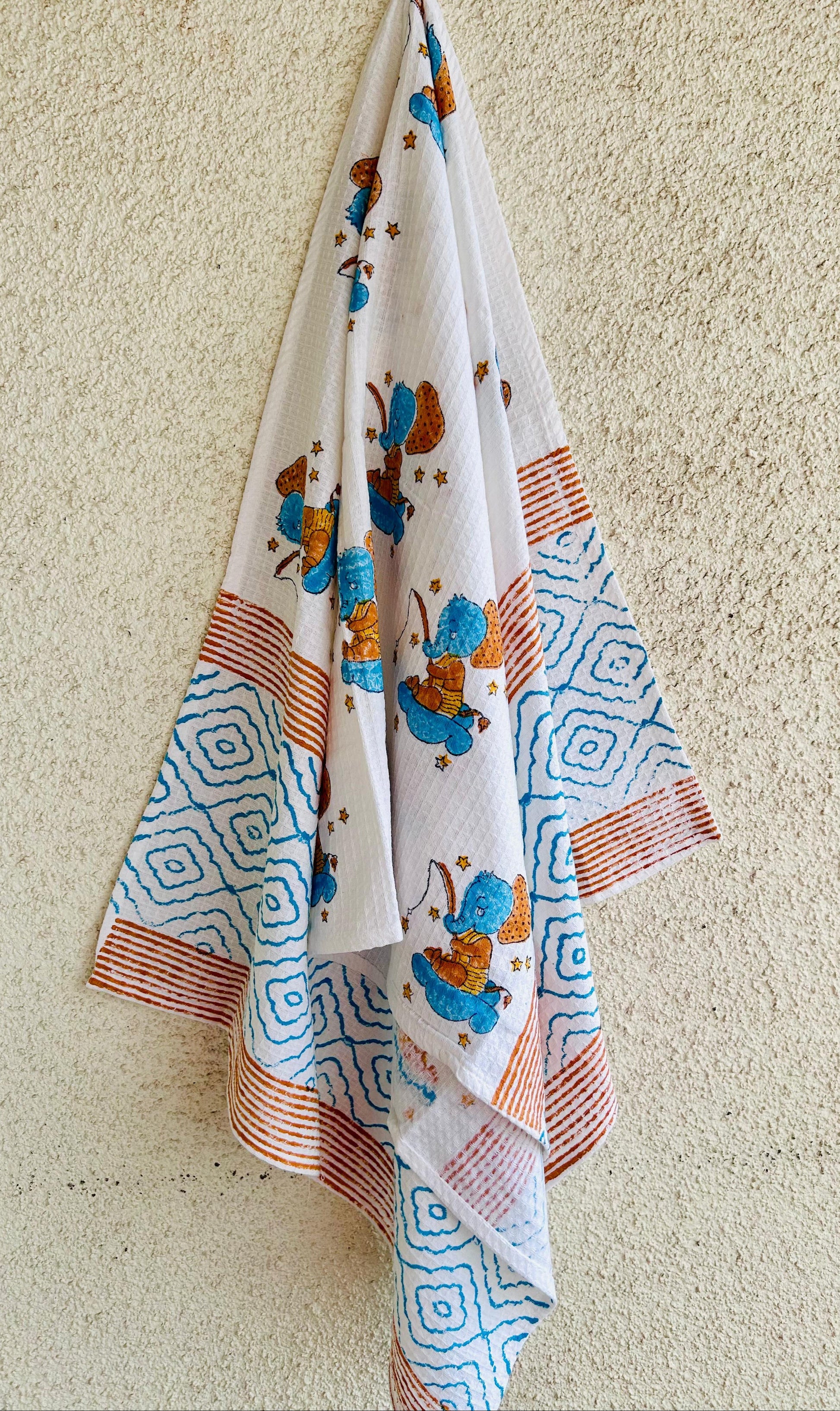 Kids Elephant Print Towel - White and Blue - Avyana Bedding Collection