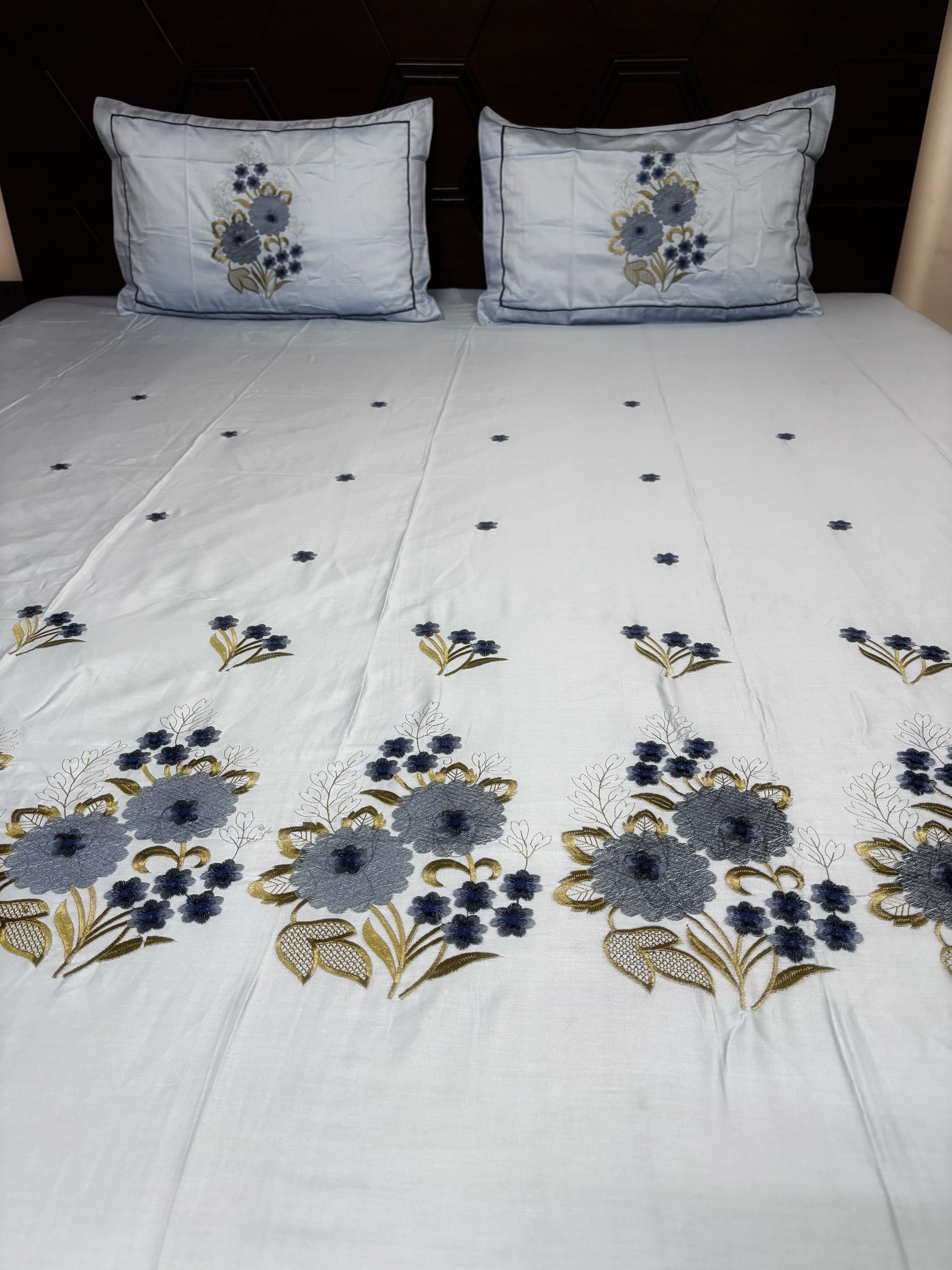 Light Blue Pure Cotton Embroidery Floral Premium King Bed Sheet - Avyana Bedding Collection
