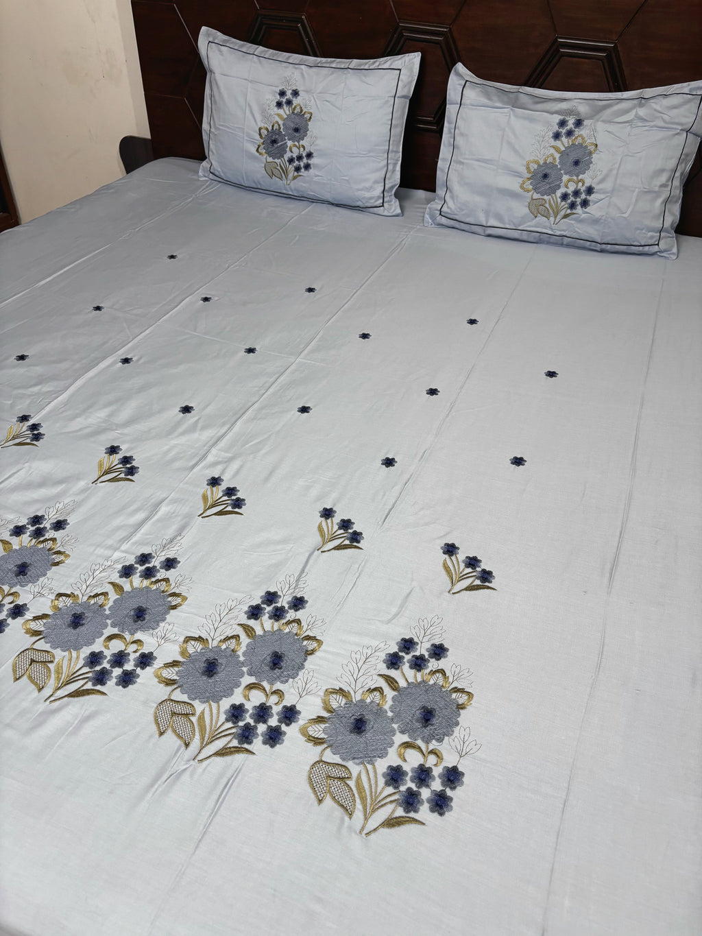 Light Blue Pure Cotton Embroidery Floral Premium King Bed Sheet - Avyana Bedding Collection