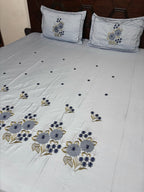 Light Blue Pure Cotton Embroidery Floral Premium King Bed Sheet - Avyana Bedding Collection