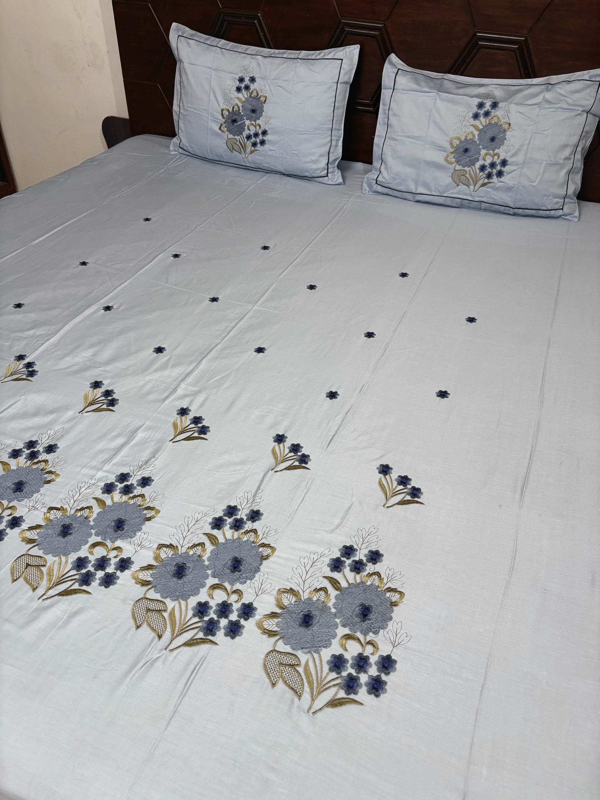 Light Blue Pure Cotton Embroidery Floral Premium King Bed Sheet - Avyana Bedding Collection