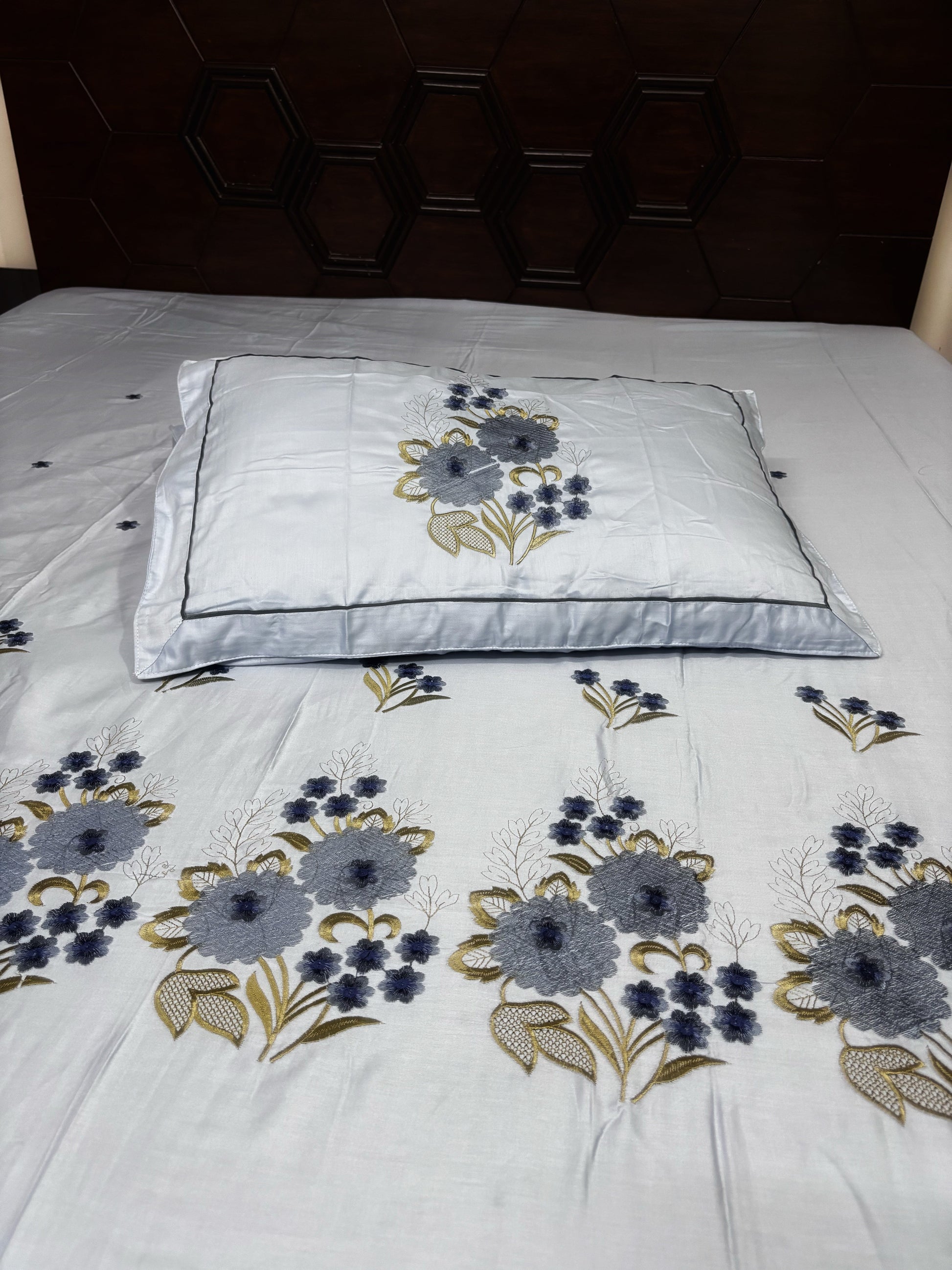 Light Blue Pure Cotton Embroidery Floral Premium King Bed Sheet - Avyana Bedding Collection
