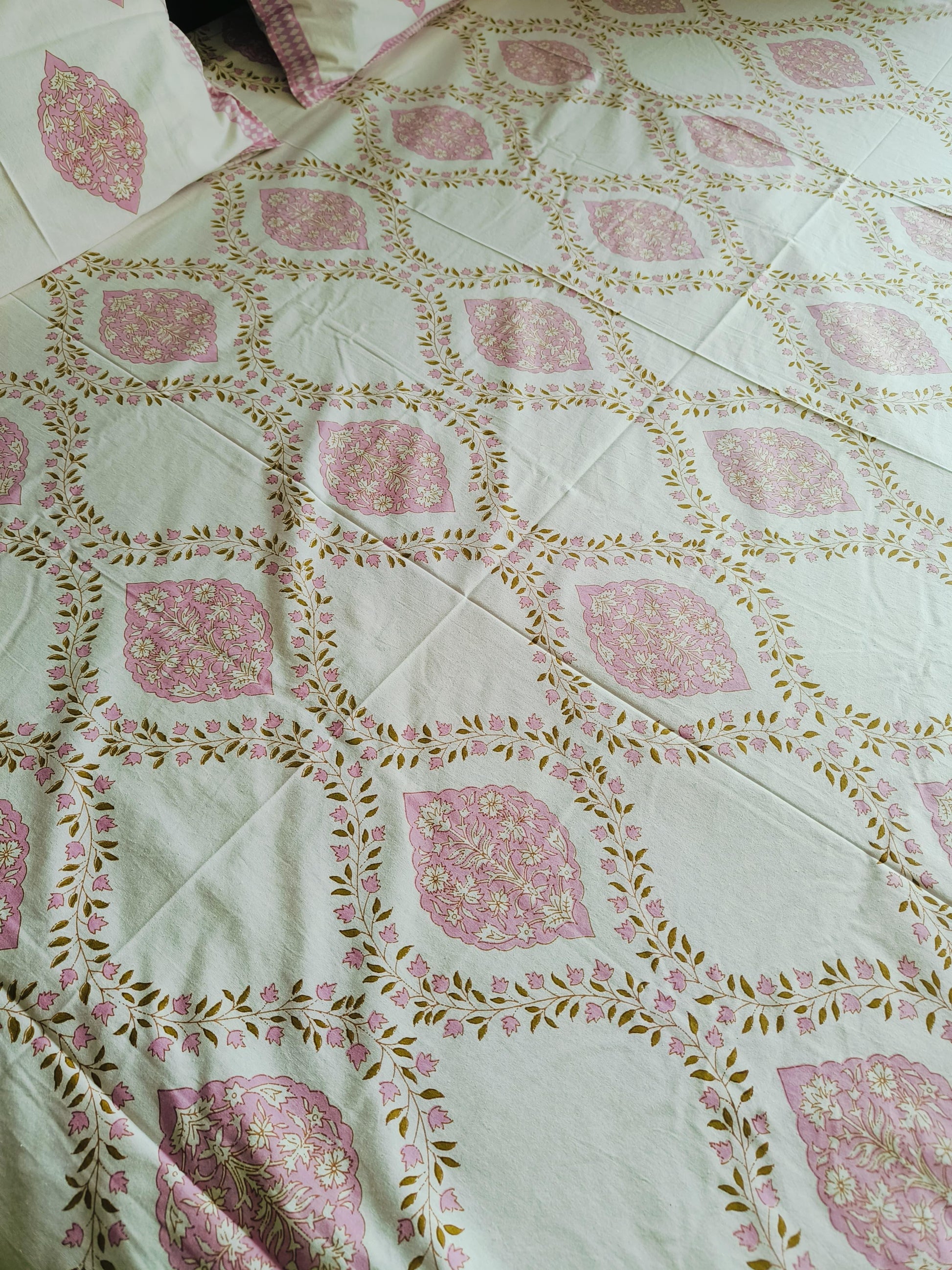 Light Pink Cotton Jaipuri Premium King Bed Sheet - Avyana Bedding Collection